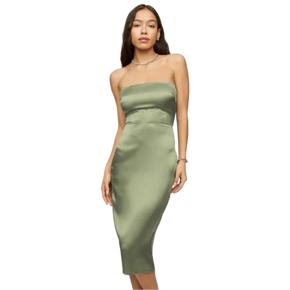 New Reformation Oaklie Silk Dress Artichoke Green Midi Dress